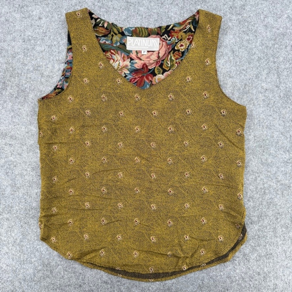 Vintage Platinum Shell Top Womens P Dorothy Schoelen Mustard Yellow Floral EUC